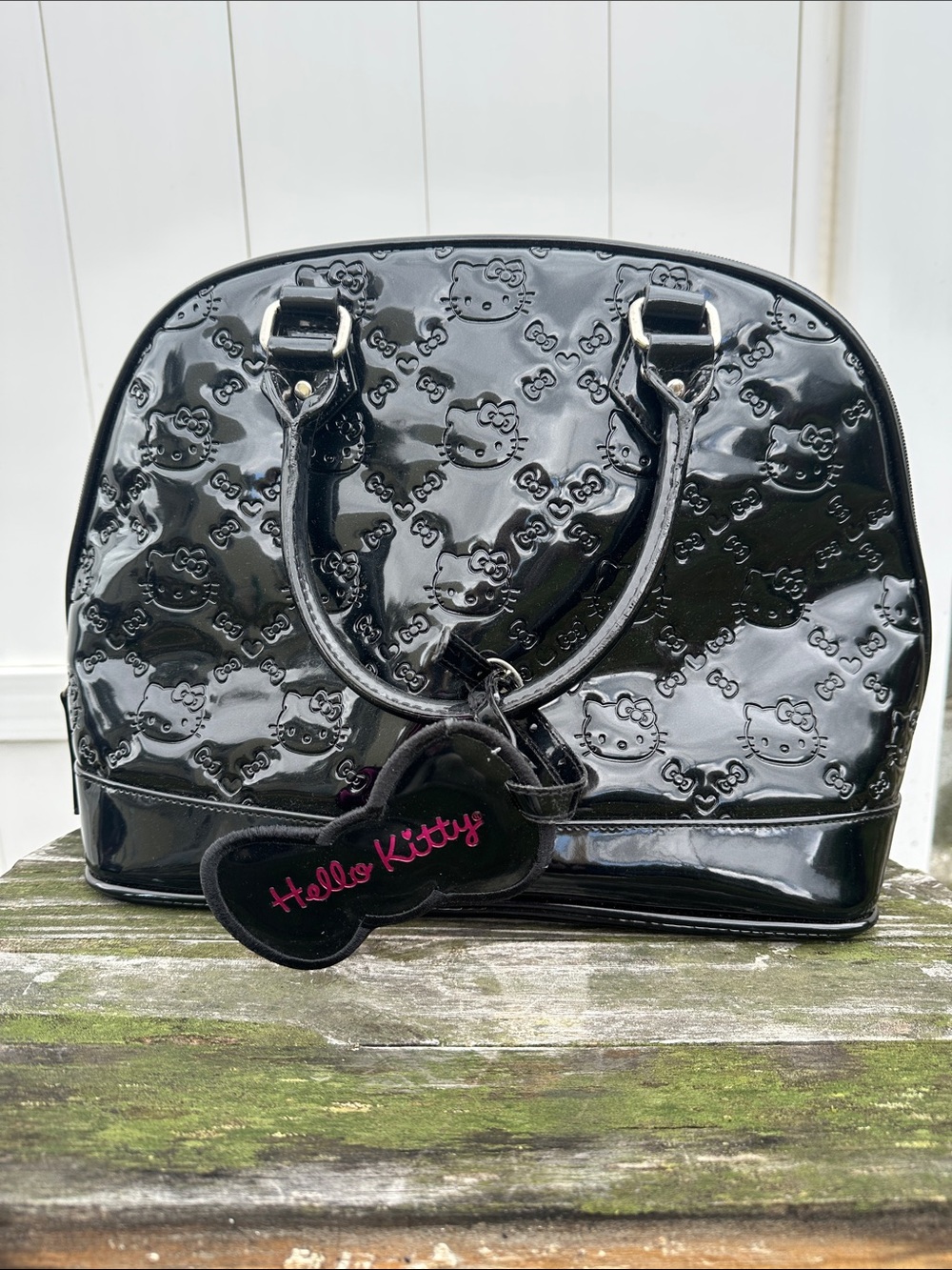 Hello Kitty Black Patent Dome Satchel with Pink Logo Tag like new